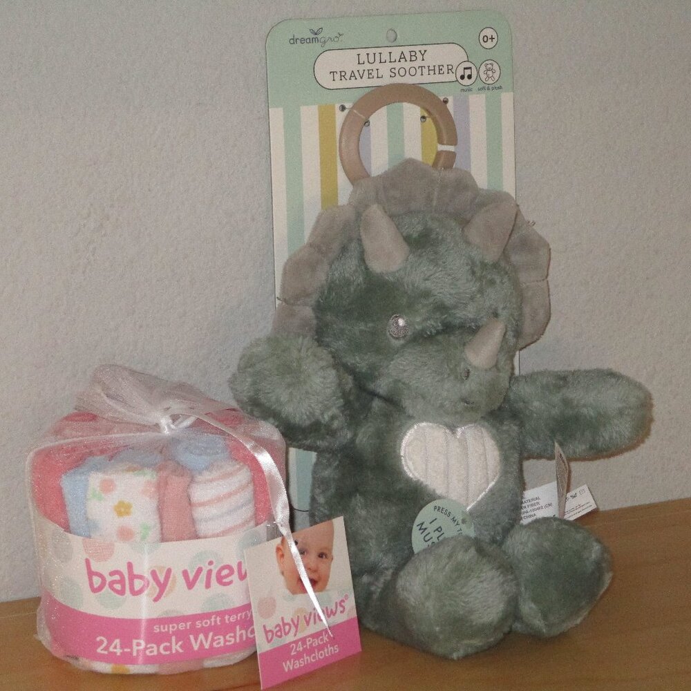 Dream Gro Dino Lullaby Travel Soother With 24 Pack Baby Wash Cloths New Bag